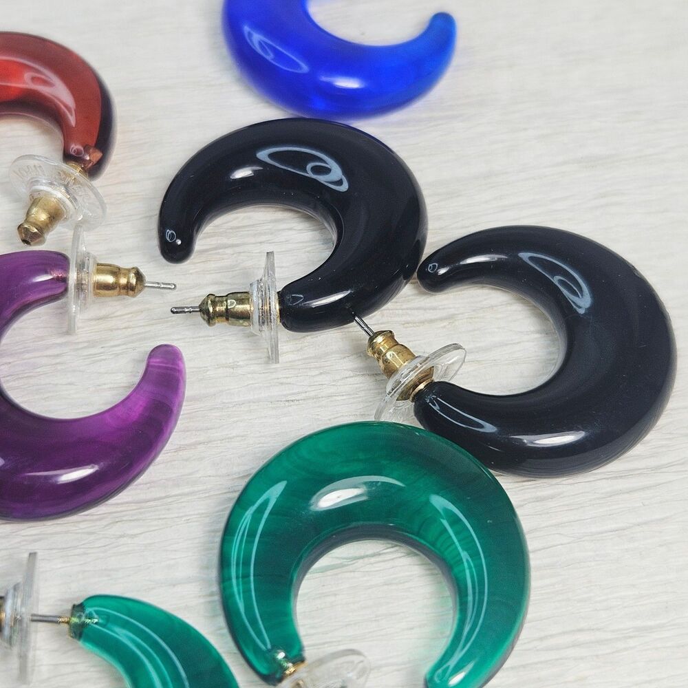 Joan Rivers 4 Pr Clear Puffy Hoop Earrings Green Black Purple Brown - Picture 9 of 12